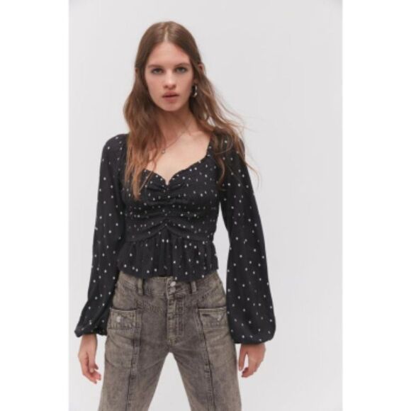 Urban Outfitters Tops - Urban Outfitters Black Polka Dot Smocked Long Sleeve Crop Top